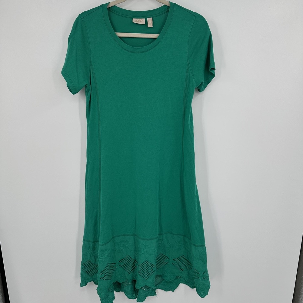 LOGO Lavish Dress Womens XS Green‎ Short Sleeve Lace Eyelet Hem Swing Pockets